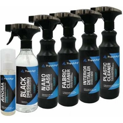PrestiAgri Čištění a péče o interiér Plastic Cleaner 500 ml, Interior Detailer 500 ml, Fabric Cleaner 500 ml, Nano Glass 500 ml, Black Dressing 500 ml, Aroma Zlaté dny 120 ml – Sleviste.cz