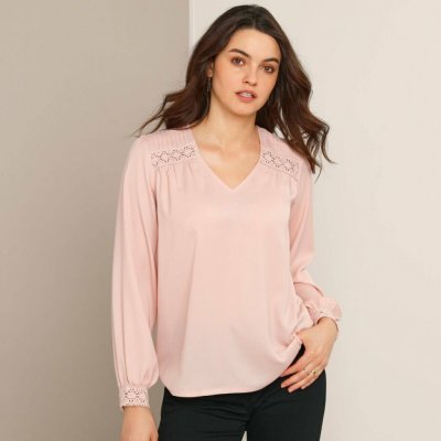 Kreponová halenka s krajkovými detaily růžová pudrová – Zboží Mobilmania