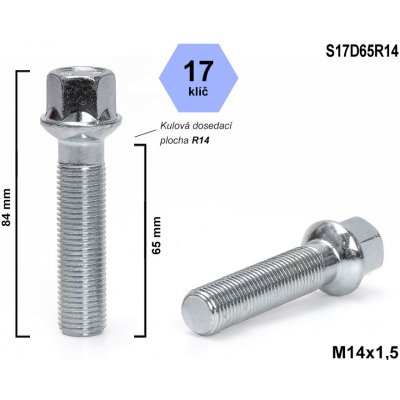 Kolový šroub M14x1,5x65 koule R14, klíč 17, S17D65R14, výška 84 mm – Hledejceny.cz