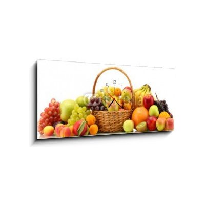 Obraz s hodinami 1D panorama - 120 x 50 cm - Assortment of exotic fruits in basket isolated on white Sortiment exotických ovoce v koši izolovaných na bílém