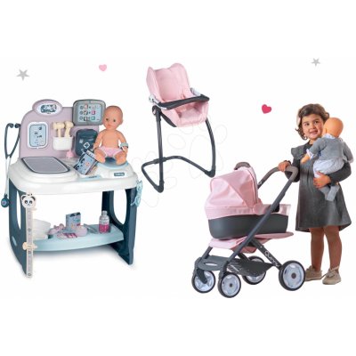 Smoby Baby Care Center set zdravotnický pult pro lékaře s kočárkem trojkombinací a jídelní židle s houpačkou a autosedačkou Maxi Cosi – Zbozi.Blesk.cz