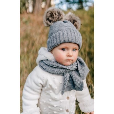 Baby Nellys Zimní čepice s kožešinovými bambulemi šál Star šedá