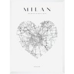 Plakát Mapa města Milán srdce 40X50 cm + bílý rám