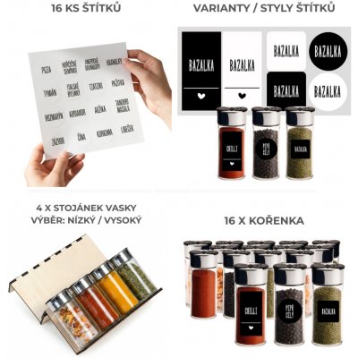 Orion Sada kořenek SPICEBLACK 100 ml + 4 ks organizér na kořenky VASKY + sada štítků 16 ks – Hledejceny.cz
