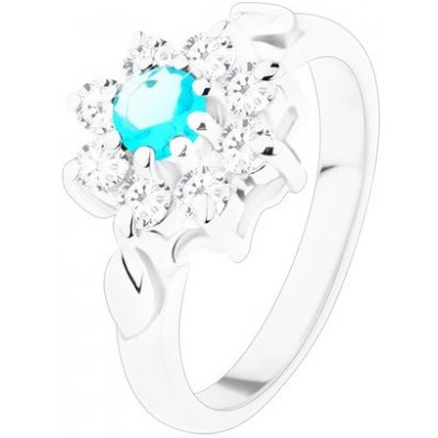 Šperky eshop lesklý prsten ve stříbrné světle modrý zirkon s čirými lupínky lístky V04.12