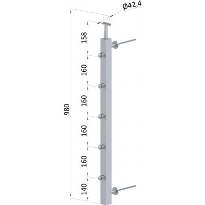 Nerezový sloup na francouzský balkón, boční kotvení, 5 řadový, pravý, vrch pevný, (40x40x2.0 mm), broušená nerez K320 /AISI304