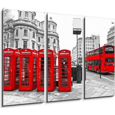 Obraz 3D třídílný - 105 x 70 cm - Red telephone boxes and double-decker bus, london, UK. Červené telefonní schránky a dvojité