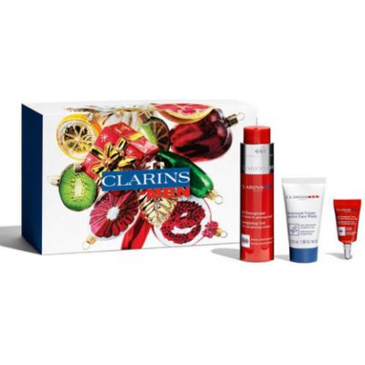 Clarins Men Energizing Essentials energizující pleťový gel 50 ml + čisticí pěnivý gel 30 ml + energizující oční gel-krém proti známkám únavy 3 ml + kosmetická taška dárková sada – Zbozi.Blesk.cz