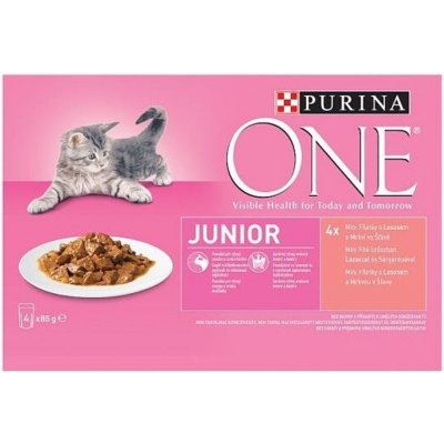 Purina ONE Junior minifiletky s lososem a mrkví ve šťávě 4 x 85 g – Hledejceny.cz