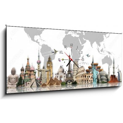 Obraz s hodinami 1D panorama - 120 x 50 cm - Travel the world monuments concept – Zboží Mobilmania