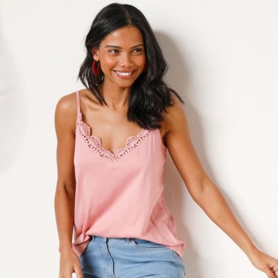 Jednobarevný s úzkými ramínky a krajkou růžové dřevo – Zboží Dáma