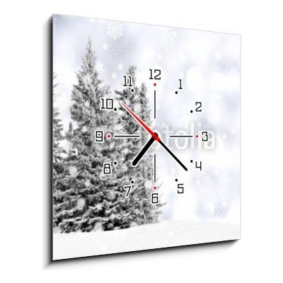 Obraz s hodinami 1D - 50 x 50 cm - Snowy trees with twinkling silver background and snowflakes Zasněžené stromy s blikajícím stříbrným pozadím a sněhové vločky – Zboží Mobilmania
