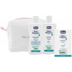 Chicco Baby Moments tuhé mýdlo na ruce 100 g + dětský šampon na vlasy 200 ml + šampon na celé tělo pro děti 200 ml + kosmetická taška 1 ks dárková sada – Zboží Mobilmania