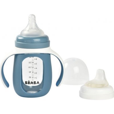 Beaba kojenecká láhev skleněná 2v1 se silikonovou ochranou Blue 210 ml