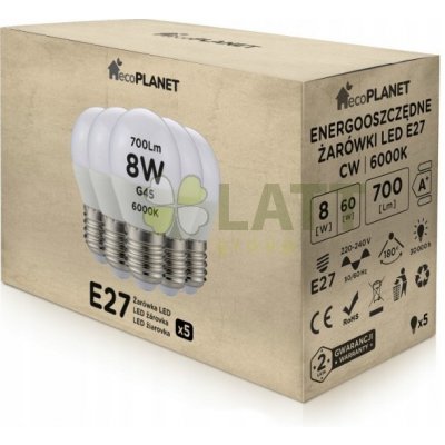 EcoPlanet 5x LED žárovka E27 G45 8W 700lm studená bílá