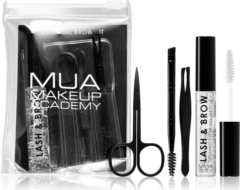 MUA Makeup Academy Essential Lash & Brow Clear Mascara transparentní řasenka na řasy a obočí 9 ml + pinzeta 1 ks + kartáček na řasy a obočí oboustranný 1 ks + nůžky 1 ks dárková sa