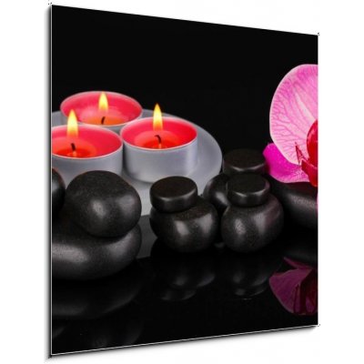 Obraz 1D - 50 x 50 cm - Spa stones with orchid flower and candles isolated on black Lázeňské kameny s orchidejovou květinou a svíčky izolované na černém – Zboží Mobilmania
