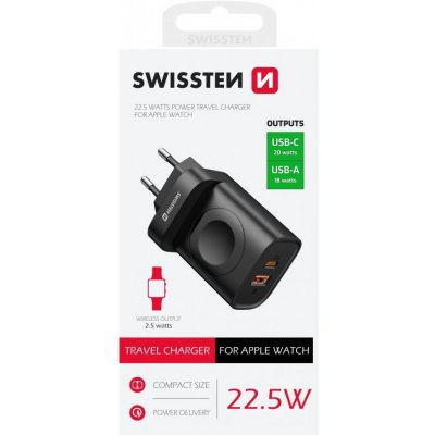 Swissten Síťový Adaptér 1xUSB-A, 1xUSB-C a Apple Watch PD, QC 20W – Sleviste.cz