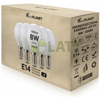 EcoPlanet 5x LED žárovka E14 G45 8W 700lm neutrální bílá