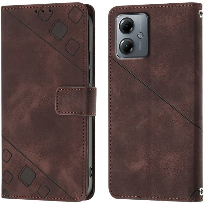 Levné Kryty Peněženkové Embossing Pattern Square Motorola Moto G14 hnědé