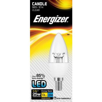 Energizer LED žárovka svíčka 3,4W Eq 25W E14 S8847 clear čirá Teplá bílá