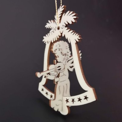 AMADEA Dřevěná ozdoba 3D zvonek anděl s houslemi 9 cm