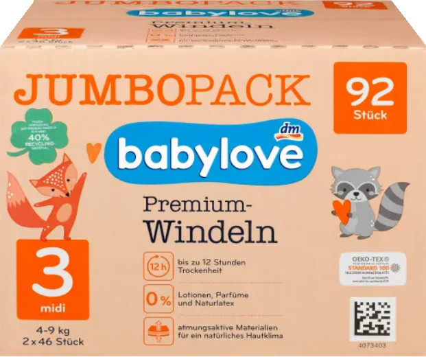 BABYLOVE Pleny Premium aktiv plus 3 midi 4-9 kg Jumbo Pack 2 x 46 92 ks