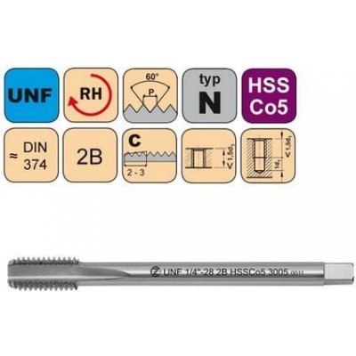 NÁSTROJE CZ Závitník strojní UNF 5/16"-24 2B HSSCo5 DIN 374 C - 3005 - CZZ3005-UNF-5/16"-24-2B – Zboží Mobilmania