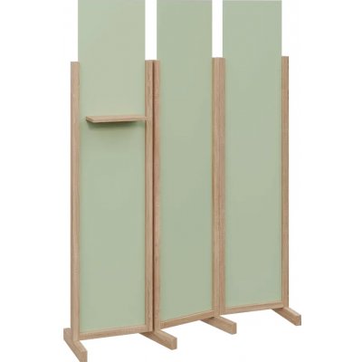 Atmosfere LINE 319 dřevěný 3-dílný paraván mobilní výška 1900 mm rám dub bardolino výplň šedo-zelinkavá polička – Sleviste.cz
