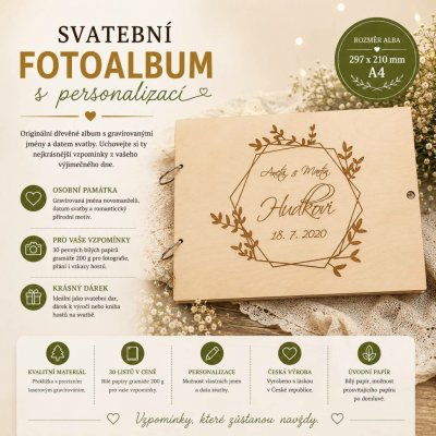 Svatební fotoalbum A4 se jmény – dřevěné gravírované album | ADVIPO dekorace – Sleviste.cz