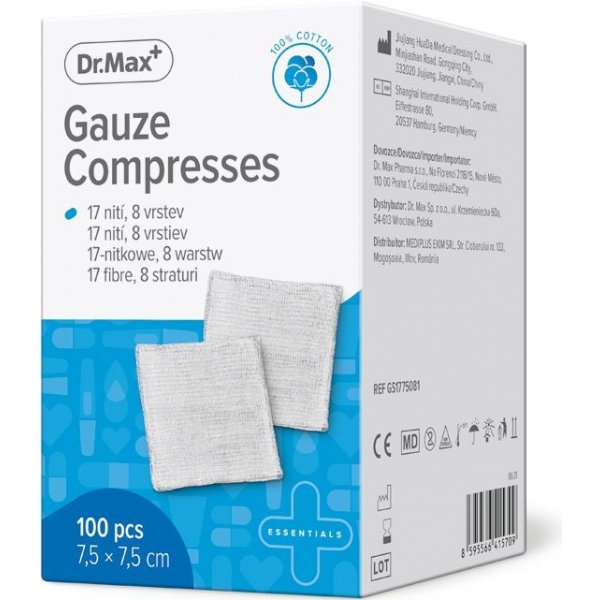 Obvazový materiál Dr.Max Gauze Compresses 7,5 x7,5 cm 100 ks