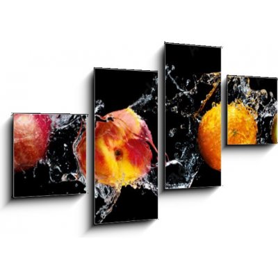 Obraz 4D čtyřdílný - 100 x 60 cm - Set of fresh fruits in water splash isolated on black background Sada čerstvého ovoce v stříkající vodě izolované na černém pozadí – Zbozi.Blesk.cz