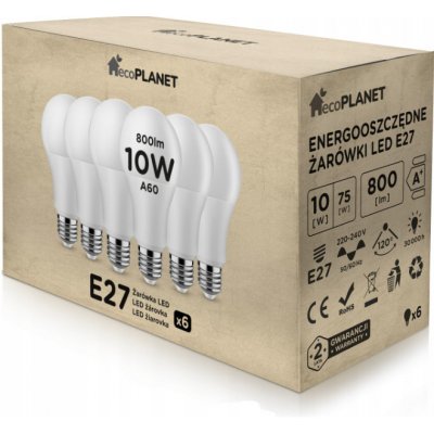 EcoPlanet 6x LED žárovka E27 10W 800Lm studená bílá