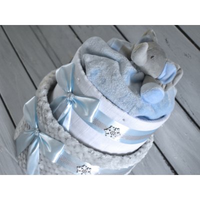 dortNEdort Dvoupatrový vánoční plenkový dort se sloníkem Miminko se narodilo a je mu asi měsíc, Barva dortuNEdortu nebo vzor deky: modrý stuha pro chlapečka – Zboží Dáma