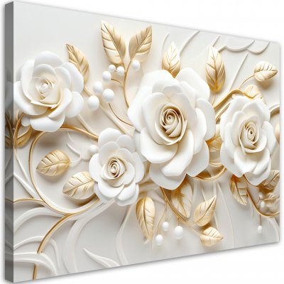 Gario Obraz na plátně Bílé růže se zlatými listy Rozměry: 60 x 40 cm