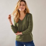 Pulovr s výstřihem do V khaki – Zboží Dáma