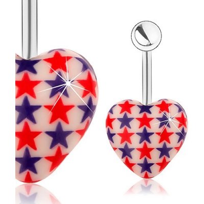 Šperky eshop ocelový piercing do pupíku kulička bílé srdce červené a modré hvězdy SP24.23