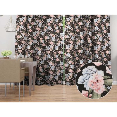 Biante Bavlněný závěs Sandra SA-449 Modro-růžové květiny na černém 150x140 cm – Sleviste.cz