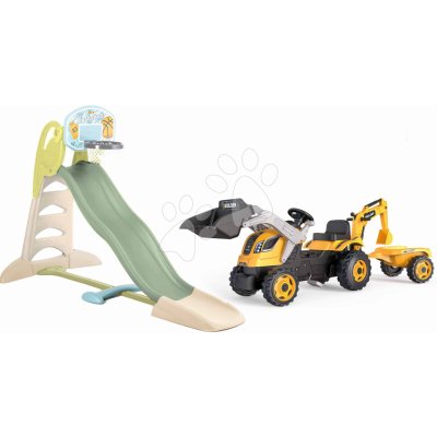 Smoby Skluzavka s vodotryskem a traktor s přívěsem Toboggan XL Slide Life nakladačem a bagrem 230 cm – Zboží Dáma