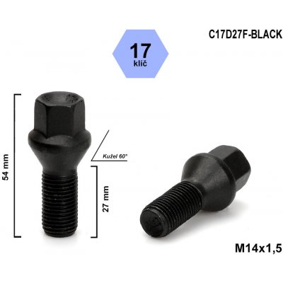 Kolový šroub M14x1,5x27 kužel, klíč 17, C17D27F-BLACK, výška 54 mm