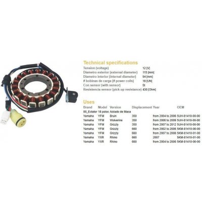 DZE stator (vinutí) alternátoru YAMAHA YFM 350 BRUIN 04-06; YFM 350 WOLVERINE 07-09; YFM 350 GRIZZLY 07-12; YFM 660 GRIZZLY 02-08; YXR 660 RHINO 04-07 (5KM-81410-00-00; 5UH-81410-00-00) | Zboží Auto