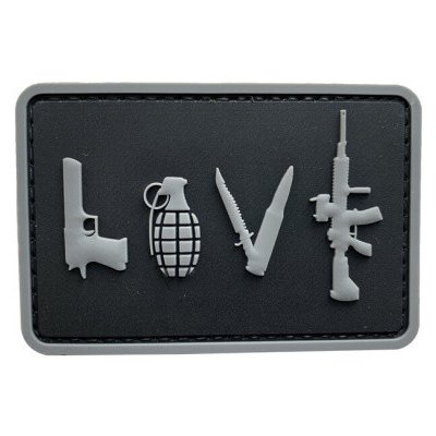 ARMED PATCHES PVC nášivka LOVE - Pistol Grenade Knife Rifle, Šedá – Zboží Dáma