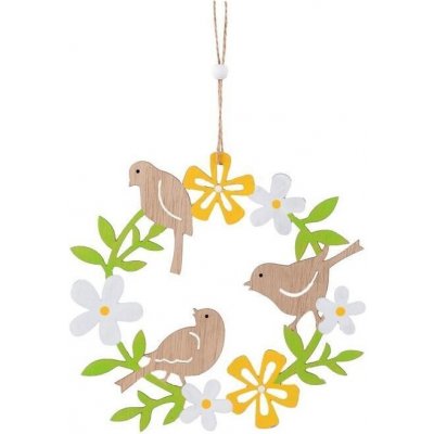 Dřevěná dekorace 180 mm, závěs - Věneček květiny, ptáček přírodní, barevná – Zboží Dáma
