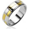 Prsteny Šperky eshop ocelový snubní prsten se zlatými a stříbrnými lesklými obdélníky B3.3