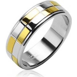 Šperky eshop ocelový snubní prsten se zlatými a stříbrnými lesklými obdélníky B3.3