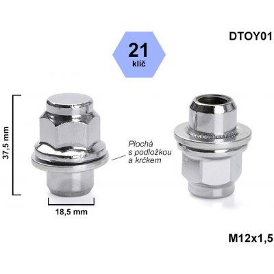 Kolová matice M12x1,5 zavřená, plochá podložka, Toyota, klíč 21, DTOY01, výška 37,5 mm – Zboží Mobilmania