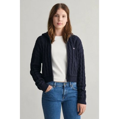 Gant Shield Cropped Cable Zip Hoodie modrá – Zboží Dáma
