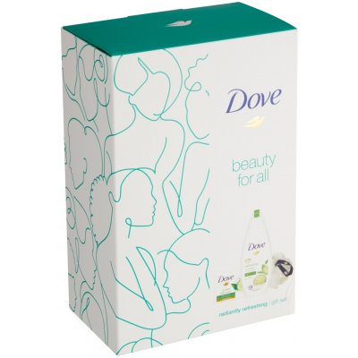 Dove Radiantly Refreshing sprchový gel 250 ml + krémová mýdlová tableta 100 g + luxusní sprchová houba dárková sada