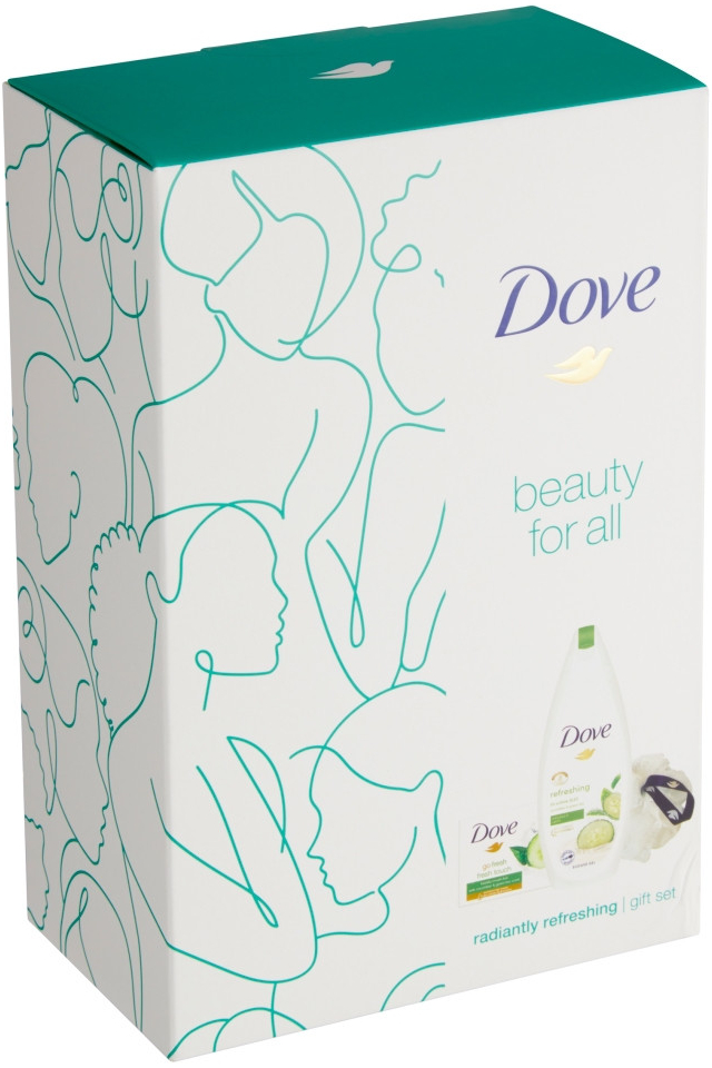 Dove Radiantly Refreshing sprchový gel 250 ml + krémová mýdlová tableta 100 g + luxusní sprchová houba dárková sada