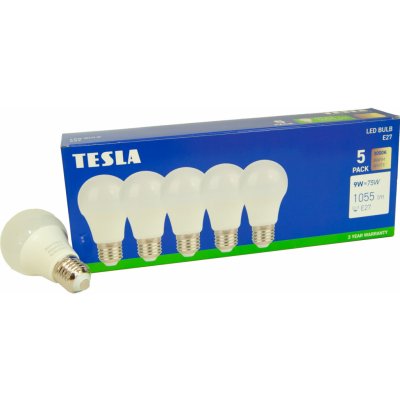 Tesla LED žárovka BULB E27, 9W, 230V, 1055lm, 25 000h, 3000K teplá bílá, 220st 5ks v balení